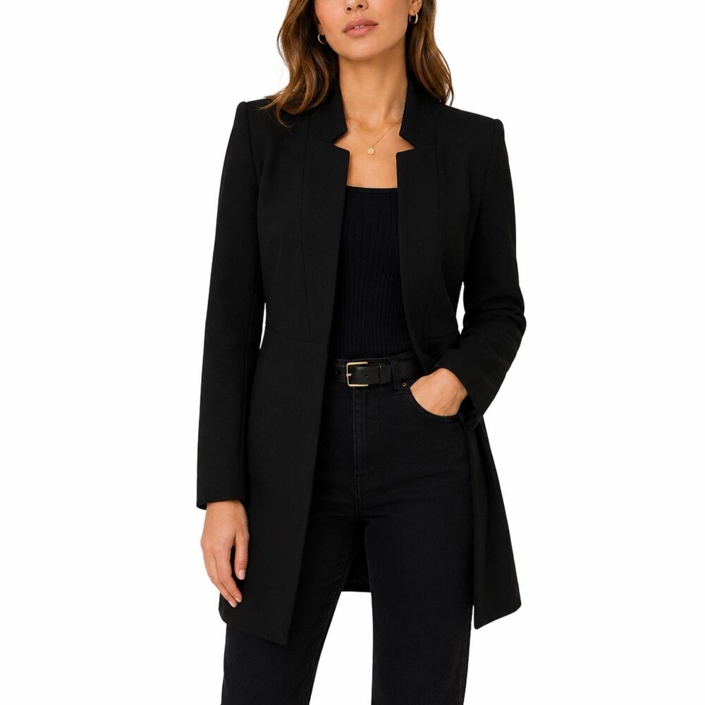 ZARA Inverted Lapel Long Fitted Blazer Black Women M NWT Snap Closure Spain
